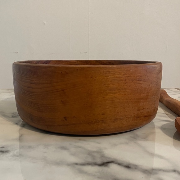 3pc Wood Salad Bowl Set with Utensils Large Round Serving Bowl Natural Brown - Picture 8 of 9